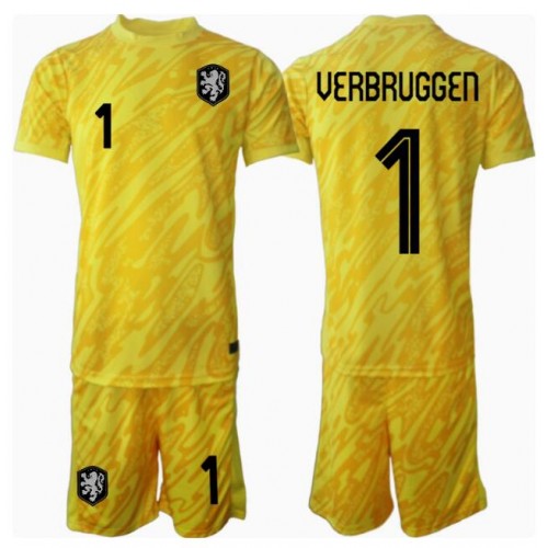 Fotballdrakt Barn Nederland Bart Verbruggen #1 Keeper Bortedraktsett EM 2024 Kortermet (+ Korte bukser)